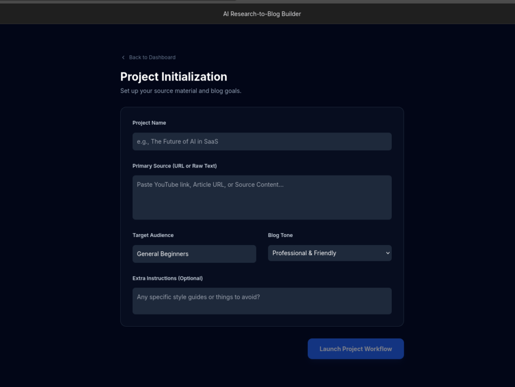 AI blog generation workflow app full UI layout project startup screen using Gemini AI for automated SEO content creation