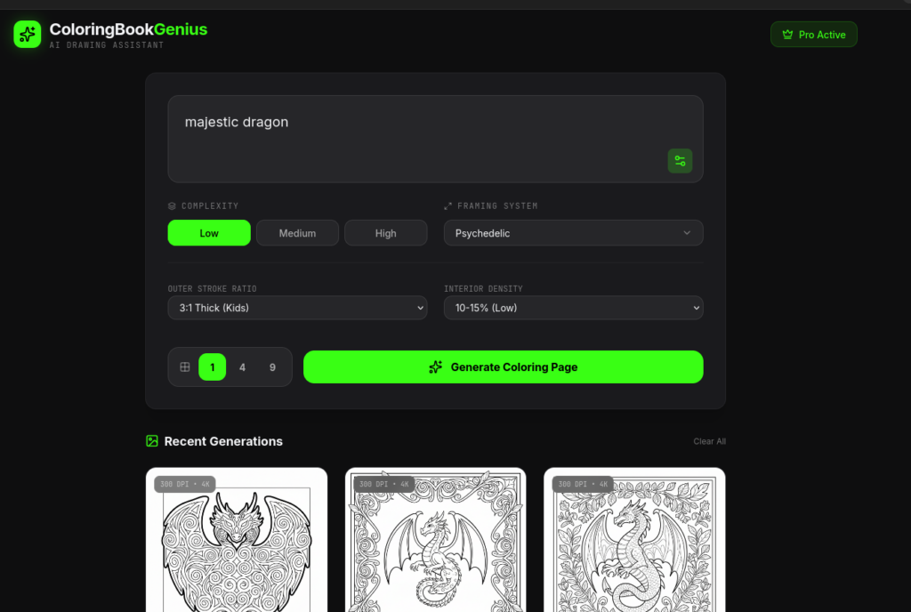 AI-generated coloring page design app full UI layout example created using Gemini AI for print-on-demand use