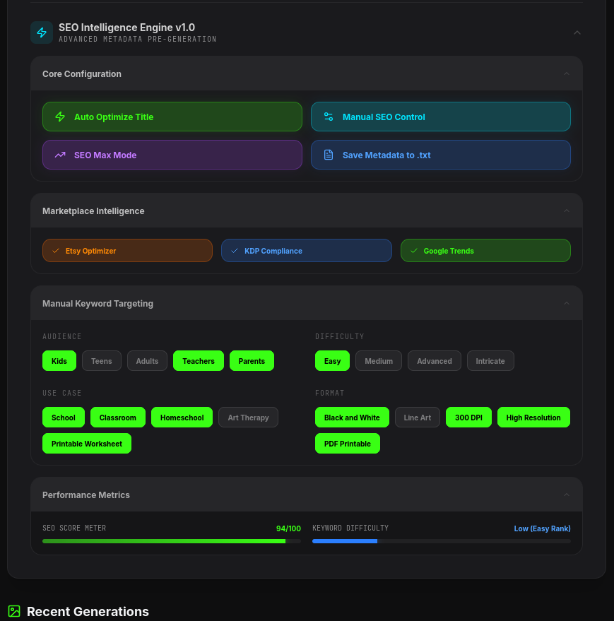 AI-generated coloring page design app full UI dashboard option example created using Gemini AI for print-on-demand use