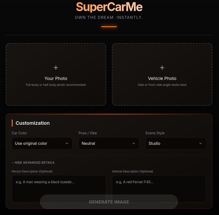 AI-generated supercarme app landing page showcase image with full UI layout using Gemini AI image google banana pro generation