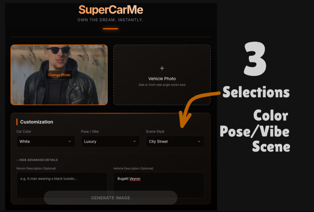 AI-generated supercarme image with personalized subjects and Bugatti image input using Gemini AI image generation