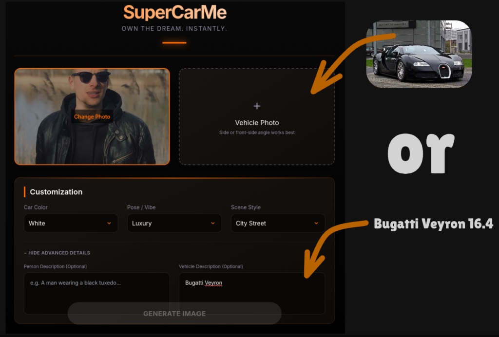 AI-generated supercarme image with personalized subjects and Bugatti image input using Gemini AI image generation