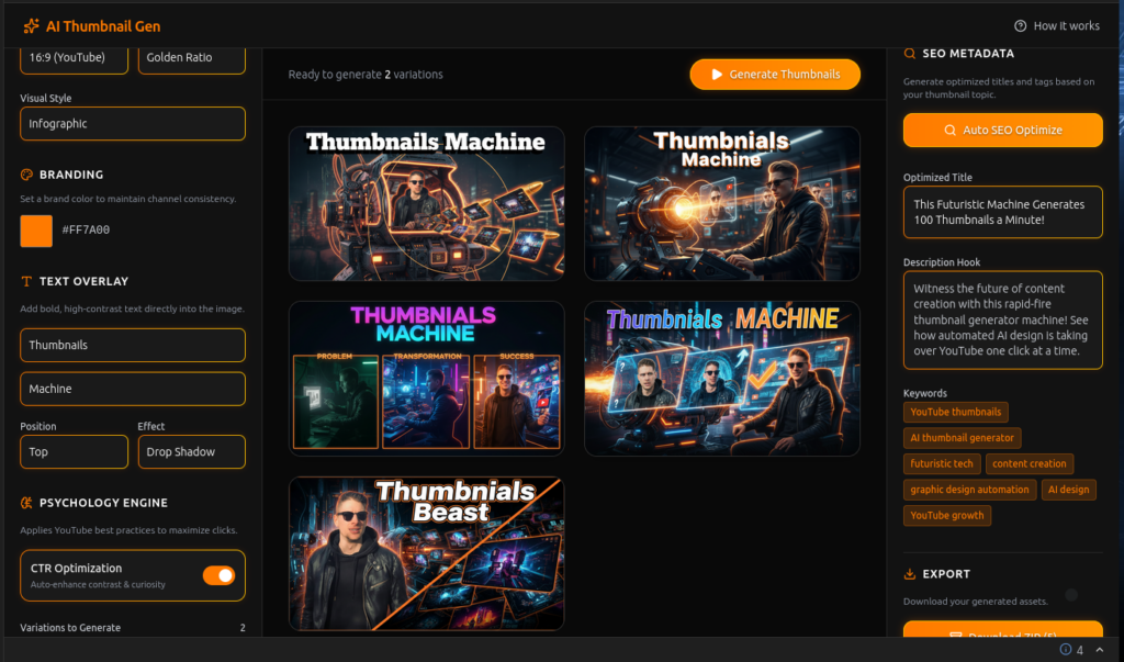AI-generated YouTube thumbnail app full UI Dashboard app example optimized for high CTR using Gemini AI design tools