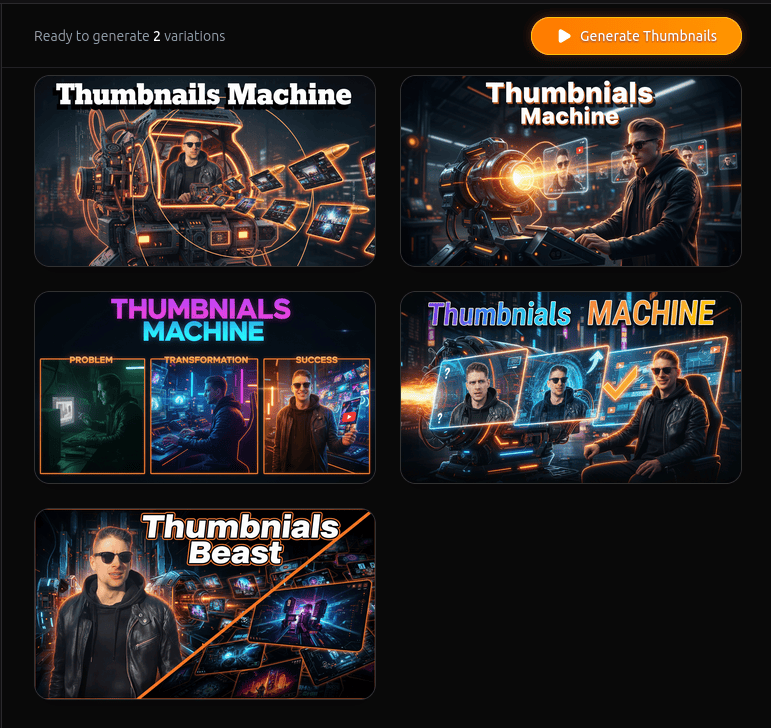 AI-generated YouTube thumbnail app full UI layout image results section optimized for high CTR using Gemini AI design tools