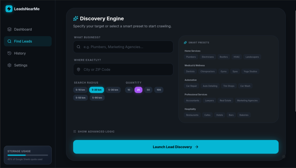 AI lead generation discovery engine menu section full UI layout using Gemini AI for local business discovery and outreach