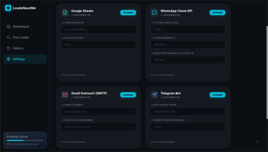 AI lead generation dashboard app full UI layout API section using Gemini AI for local business discovery and outreach