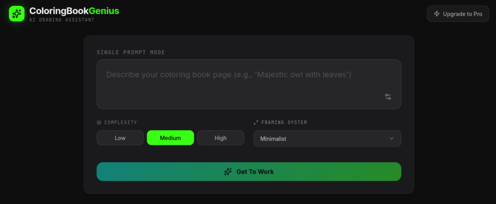 AI-generated coloring page design app full UI interface example created using Gemini AI for print-on-demand use