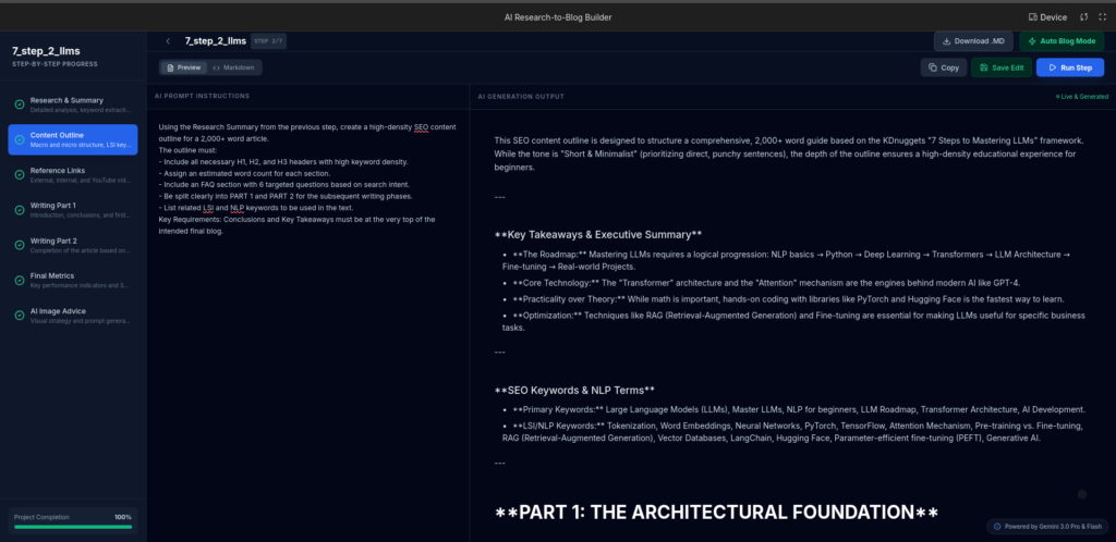 AI blog generation workflow app full UI interface section 2 outlining blog post using Gemini AI for automated SEO content creation