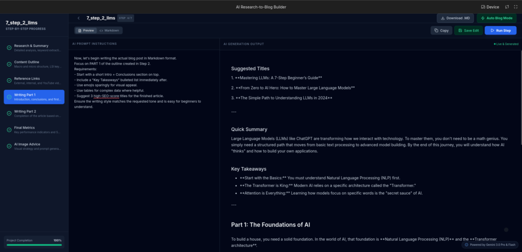 AI blog generation workflow app full UI dashboard writing section using Gemini AI for automated SEO content creation